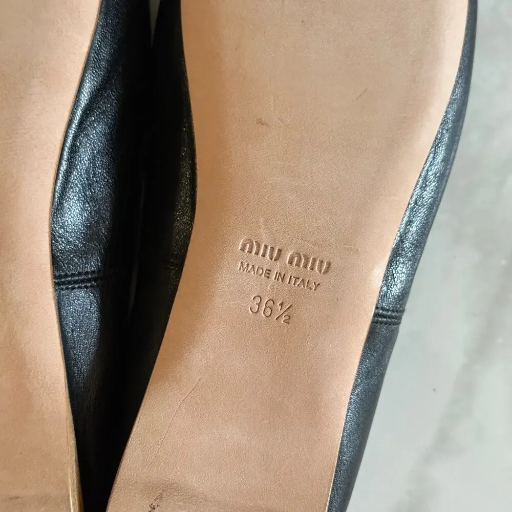 Miu Miu Logo Strap Black Leather Ballet Flats Shoes Black Size 36.5 - Picture 5 of 8